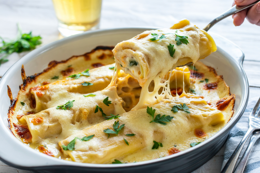 Creamy Chicken Manicotti Alfredo – The Ultimate Comfort Bake with a Cheesy Twist

