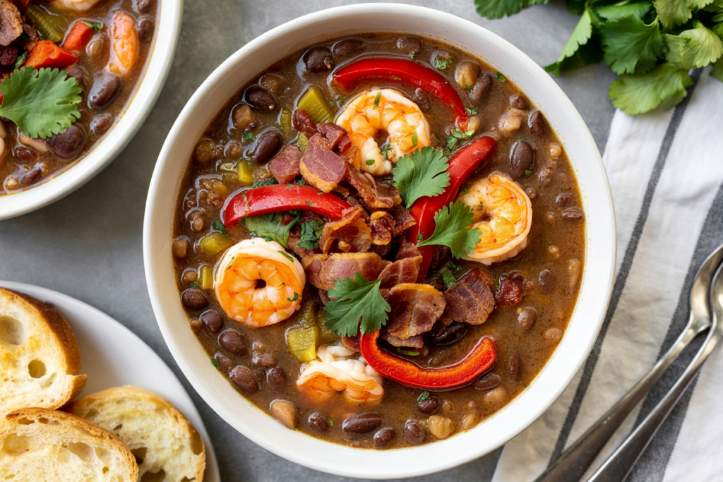 Smoky Black Bean Bisque with Tangy Rock Shrimp Escabeche