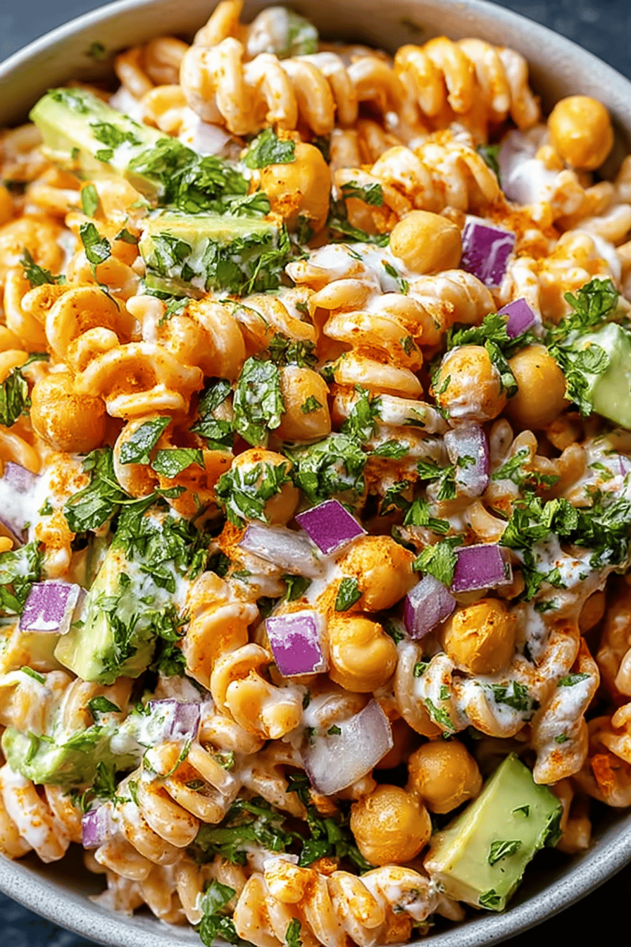 Buffalo Chickpea Pasta Salad with Green Chile Ranch