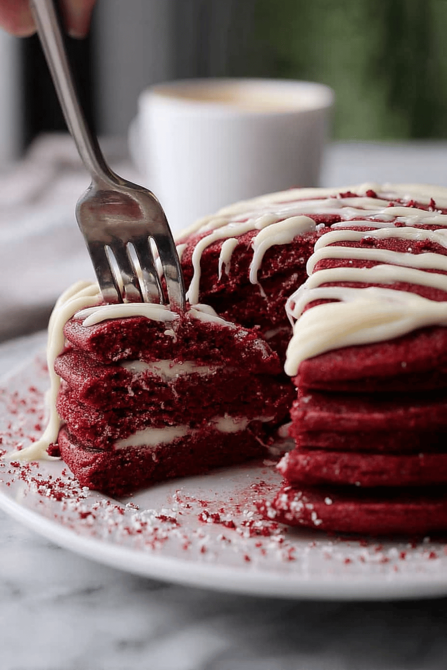 Layered Red Velvet Pancakes with Cream Cheese Drizzle