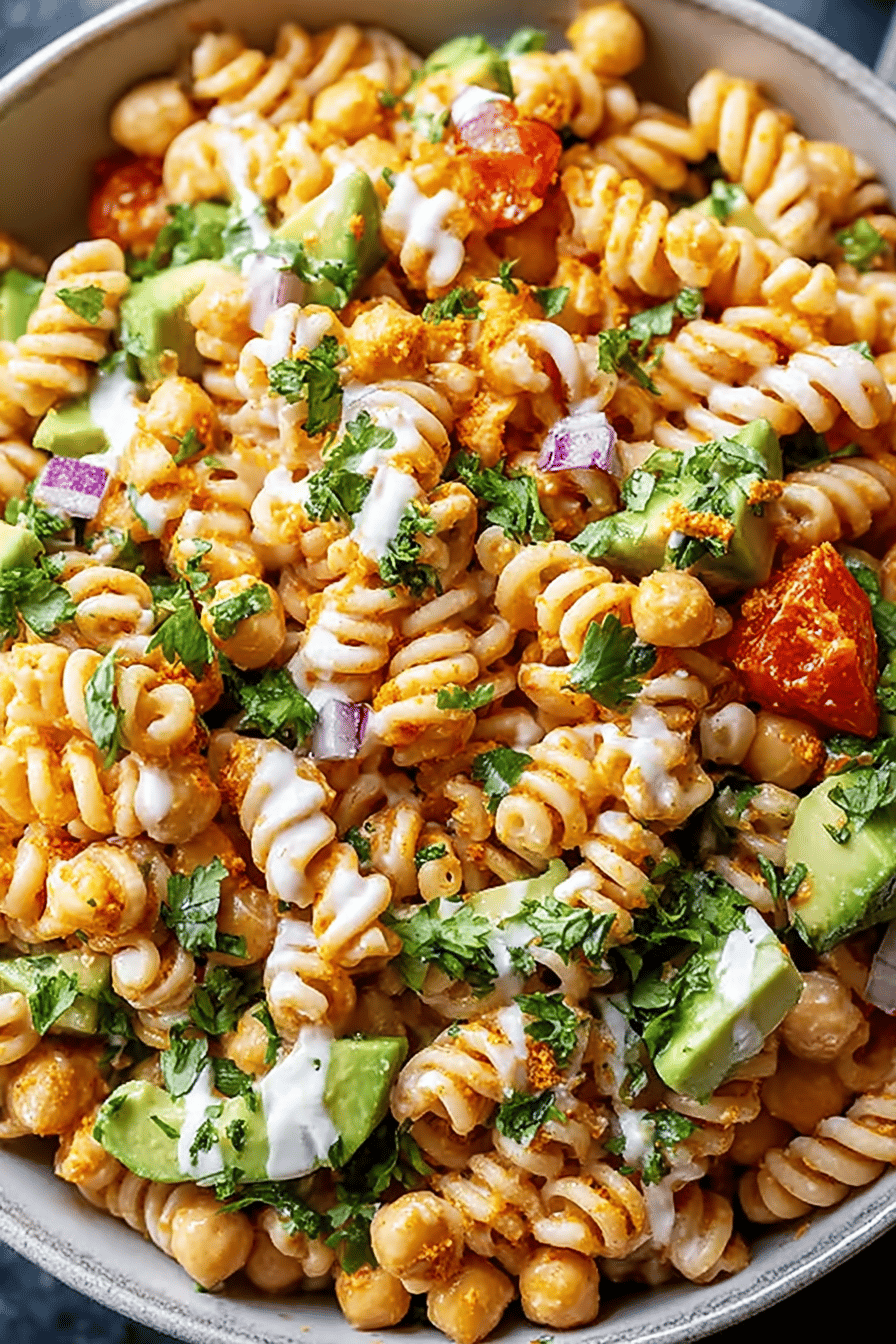 Buffalo Chickpea Pasta Salad with Green Chile Ranch