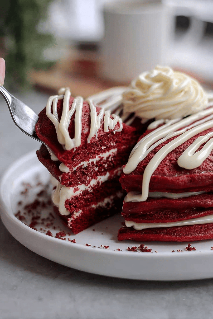 Layered Red Velvet Pancakes with Cream Cheese Drizzle