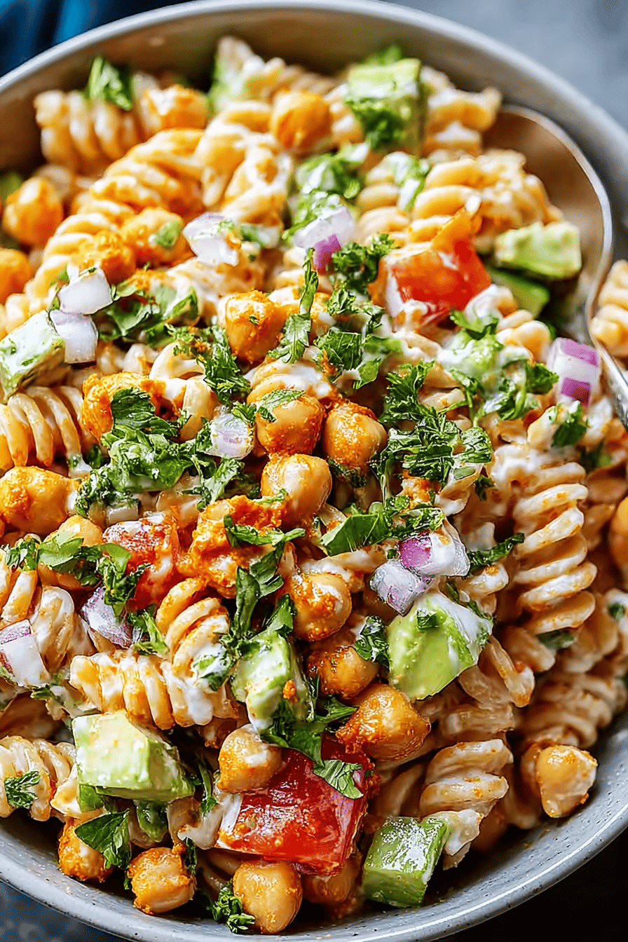 Buffalo Chickpea Pasta Salad with Green Chile Ranch