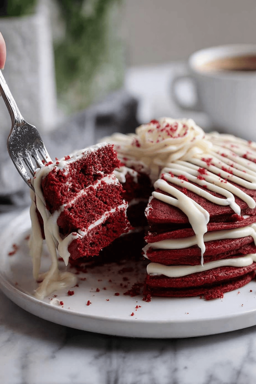 Layered Red Velvet Pancakes with Cream Cheese Drizzle