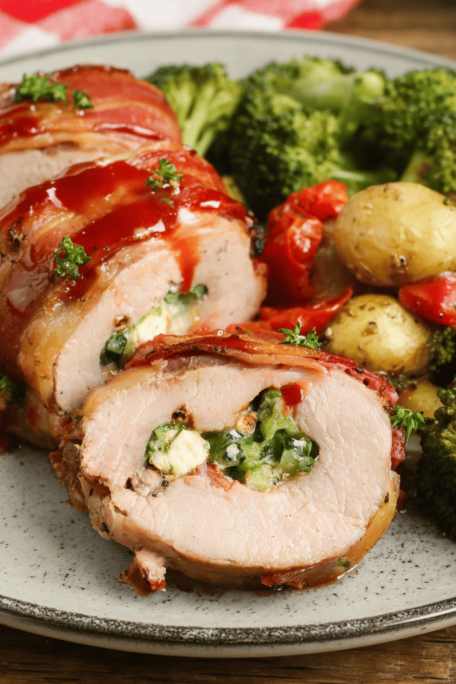 Broccoli Red Pepper Mozzarella Stuffed Pork Tenderloin