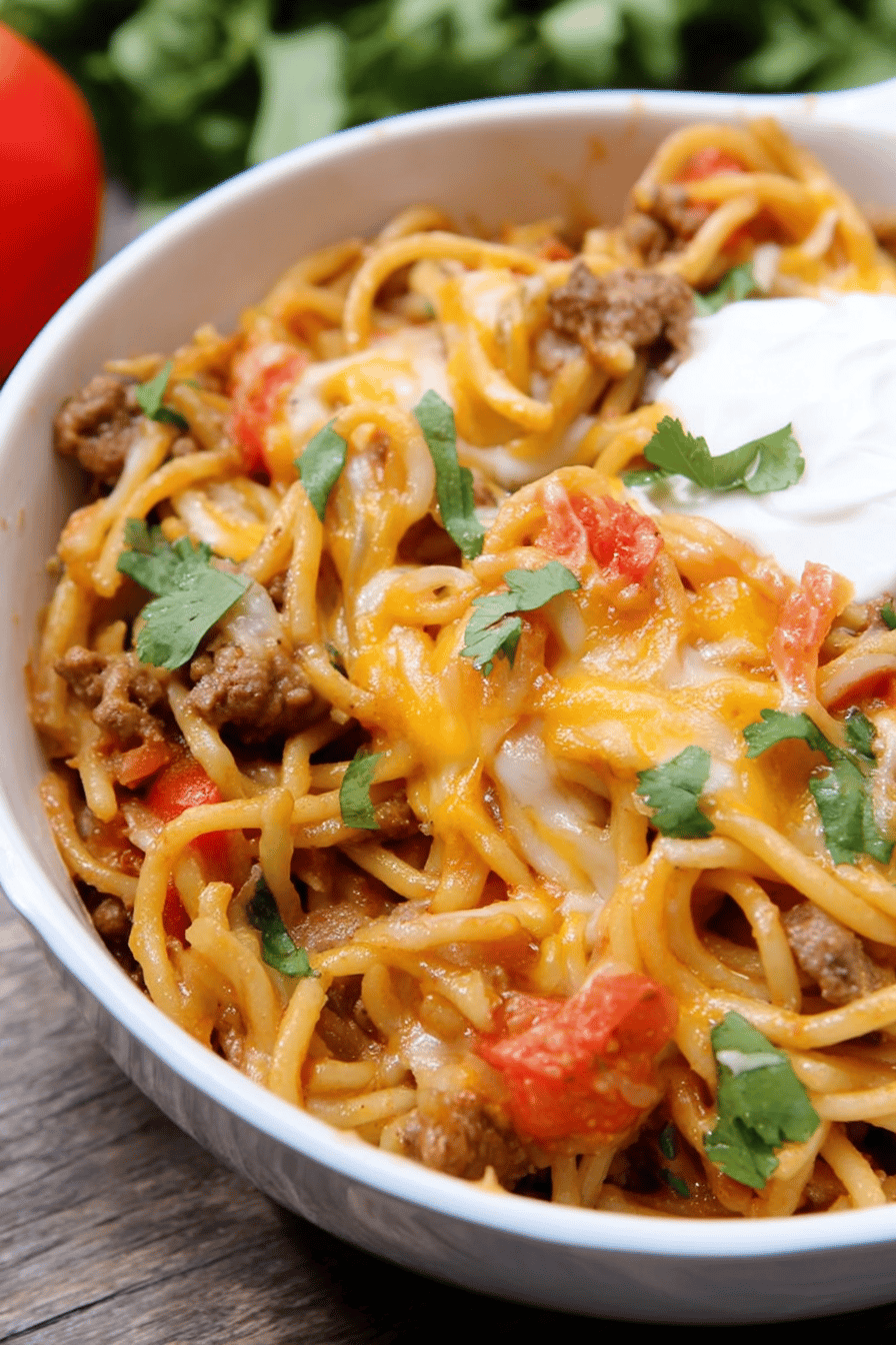 Cheesy Taco Spaghetti with Beef and Toppings