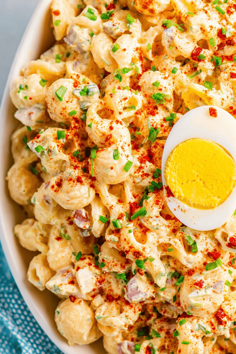 Deviled Egg Pasta Salad with Creamy Pickle Dressing
