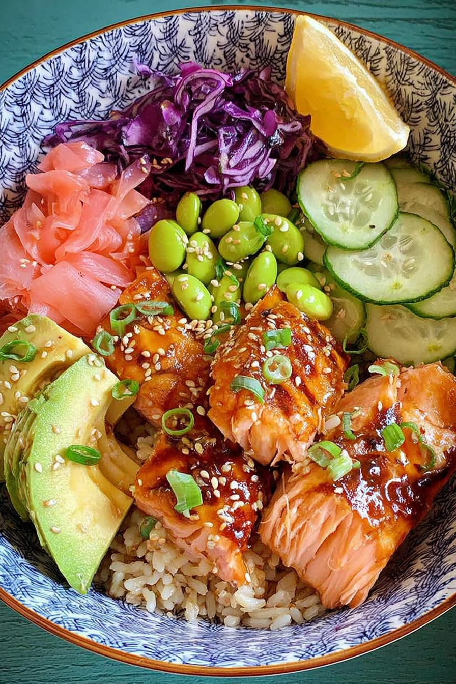 Grilled Honey Soy Salmon Veggie Rice Bowls