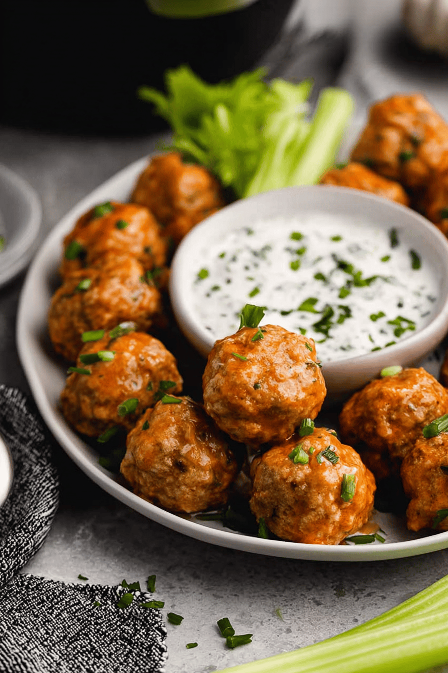 Spicy Buffalo Chicken Meatballs with Bleu Cheese Dip