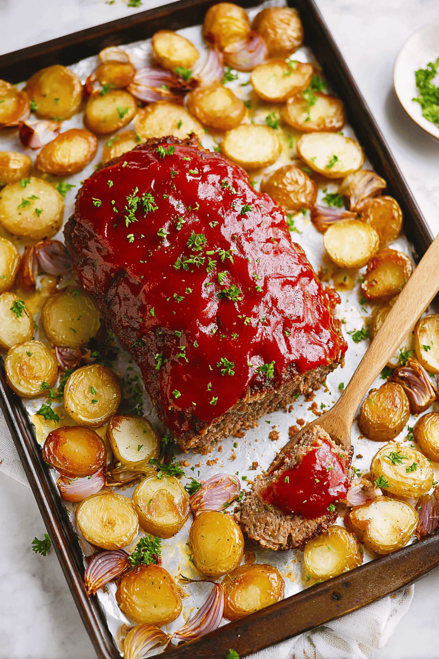 Sweet Glazed Sheet Pan Meatloaf with Crisp Potatoes