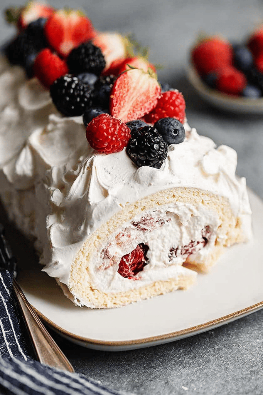 Berry Meringue Roulade with Crispy Marshmallow Center