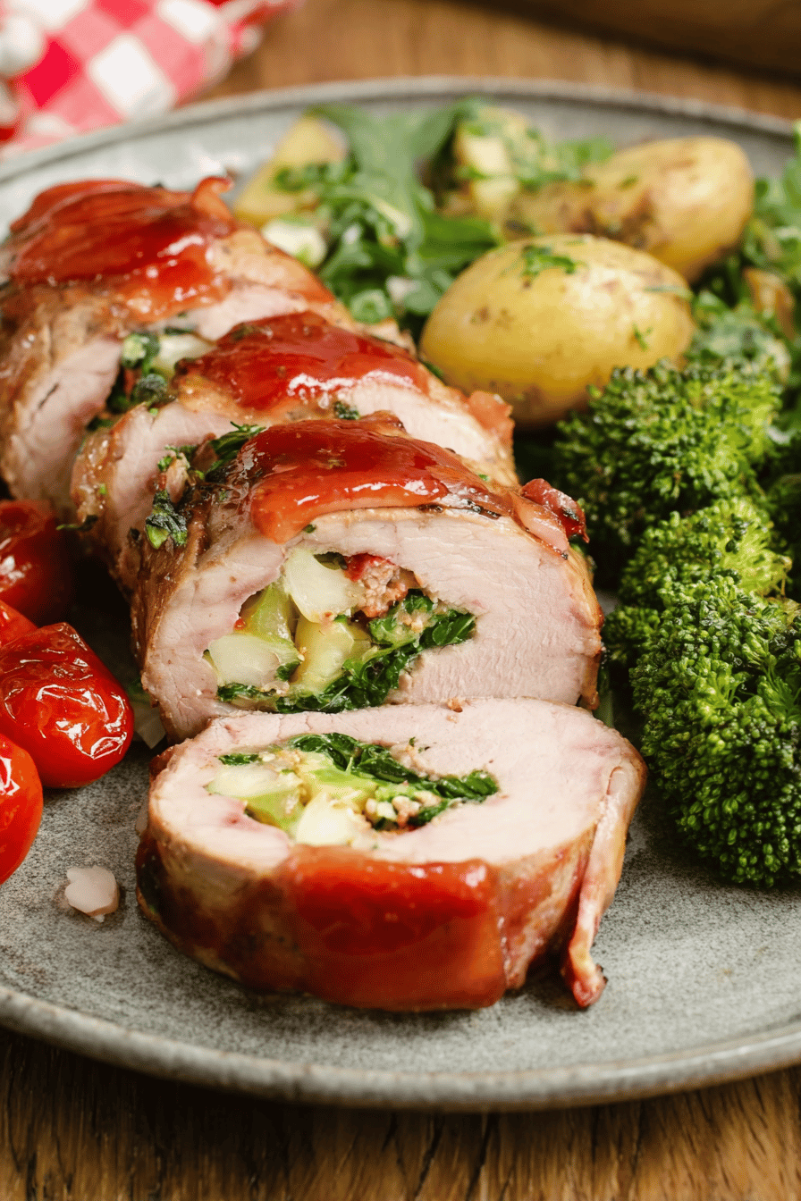 Broccoli Red Pepper Mozzarella Stuffed Pork Tenderloin