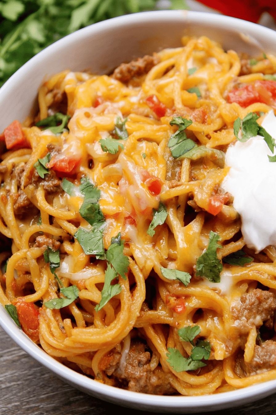 Cheesy Taco Spaghetti with Beef and Toppings