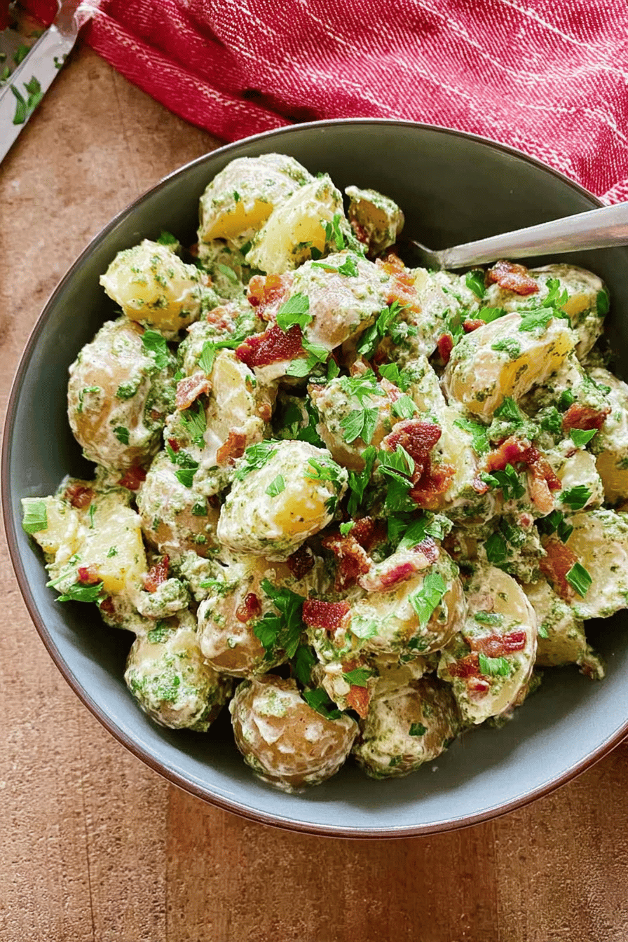 Creamy Pesto Bacon Potato Salad