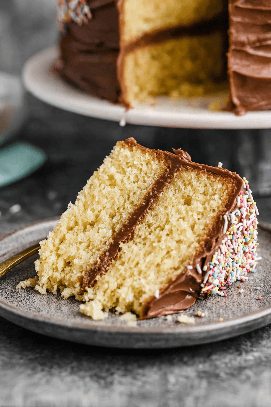 Homemade Moist Yellow Cake with Chocolate Frosting