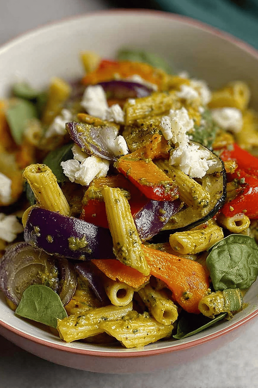 Roasted Veggie Pesto Penne with Feta