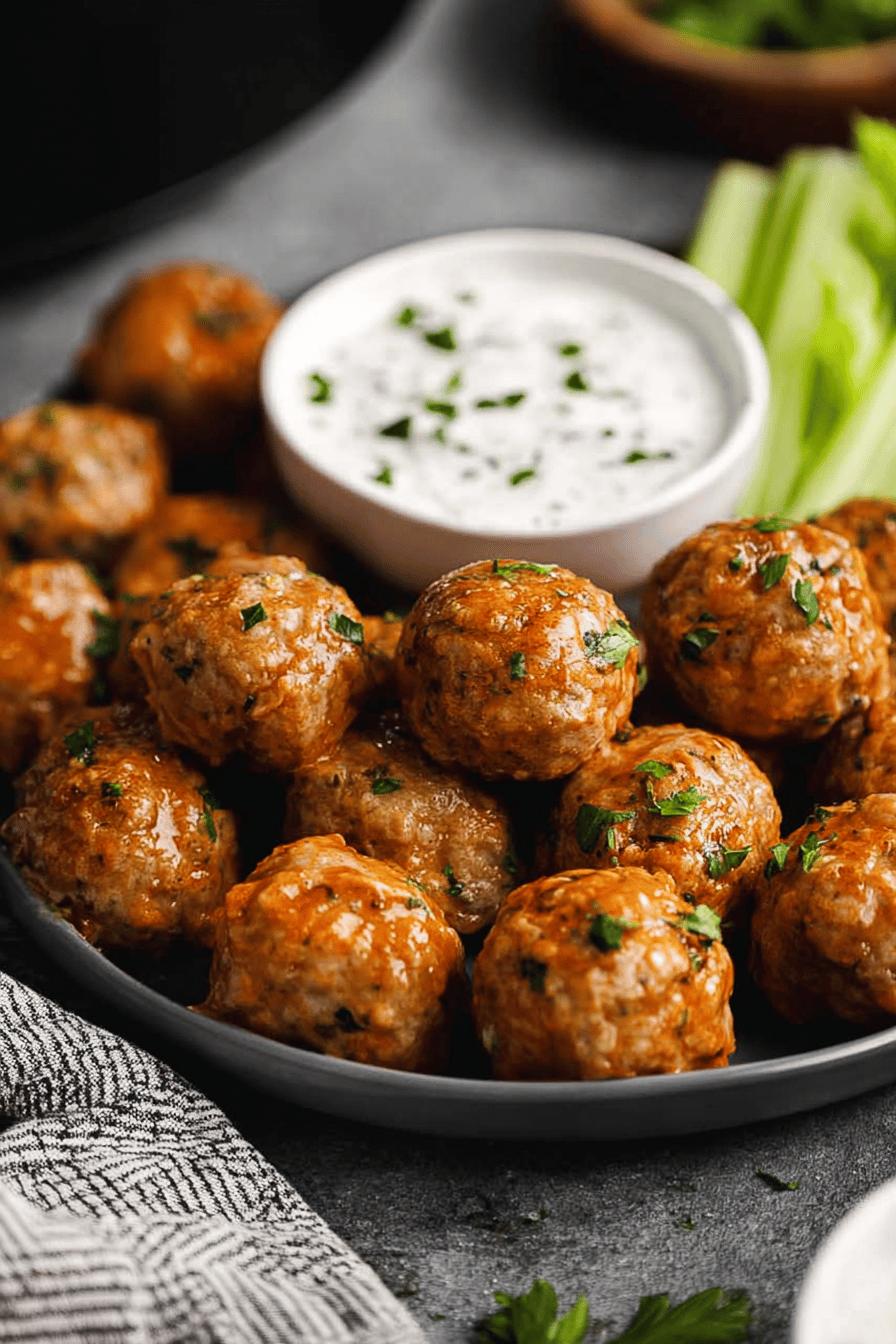 Spicy Buffalo Chicken Meatballs with Bleu Cheese Dip