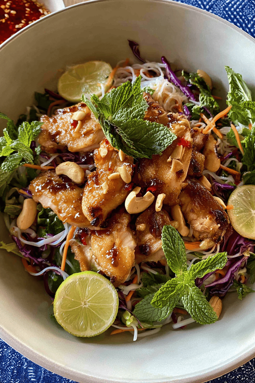 Sticky Chicken Rice Noodle Salad