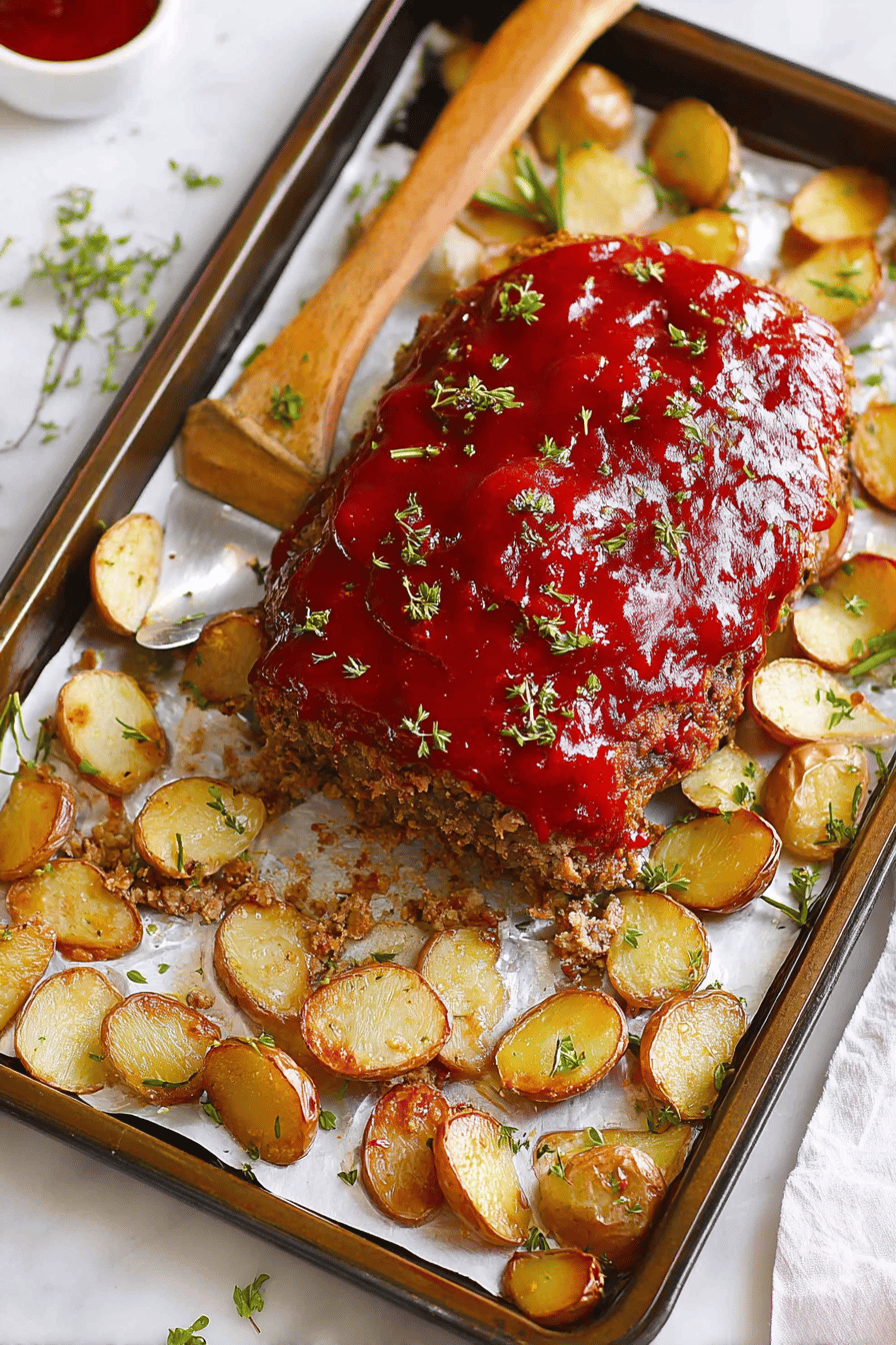 Sweet Glazed Sheet Pan Meatloaf with Crisp Potatoes