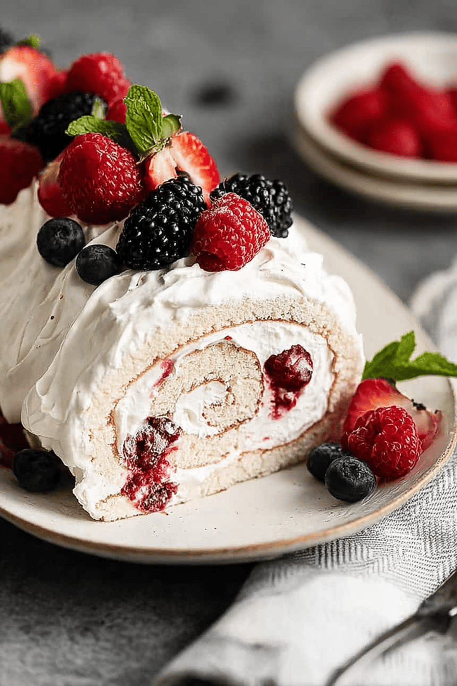 Berry Meringue Roulade with Crispy Marshmallow Center