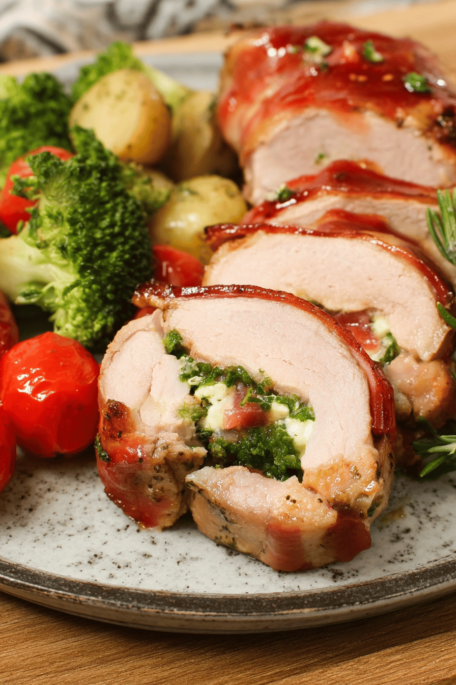 Broccoli Red Pepper Mozzarella Stuffed Pork Tenderloin