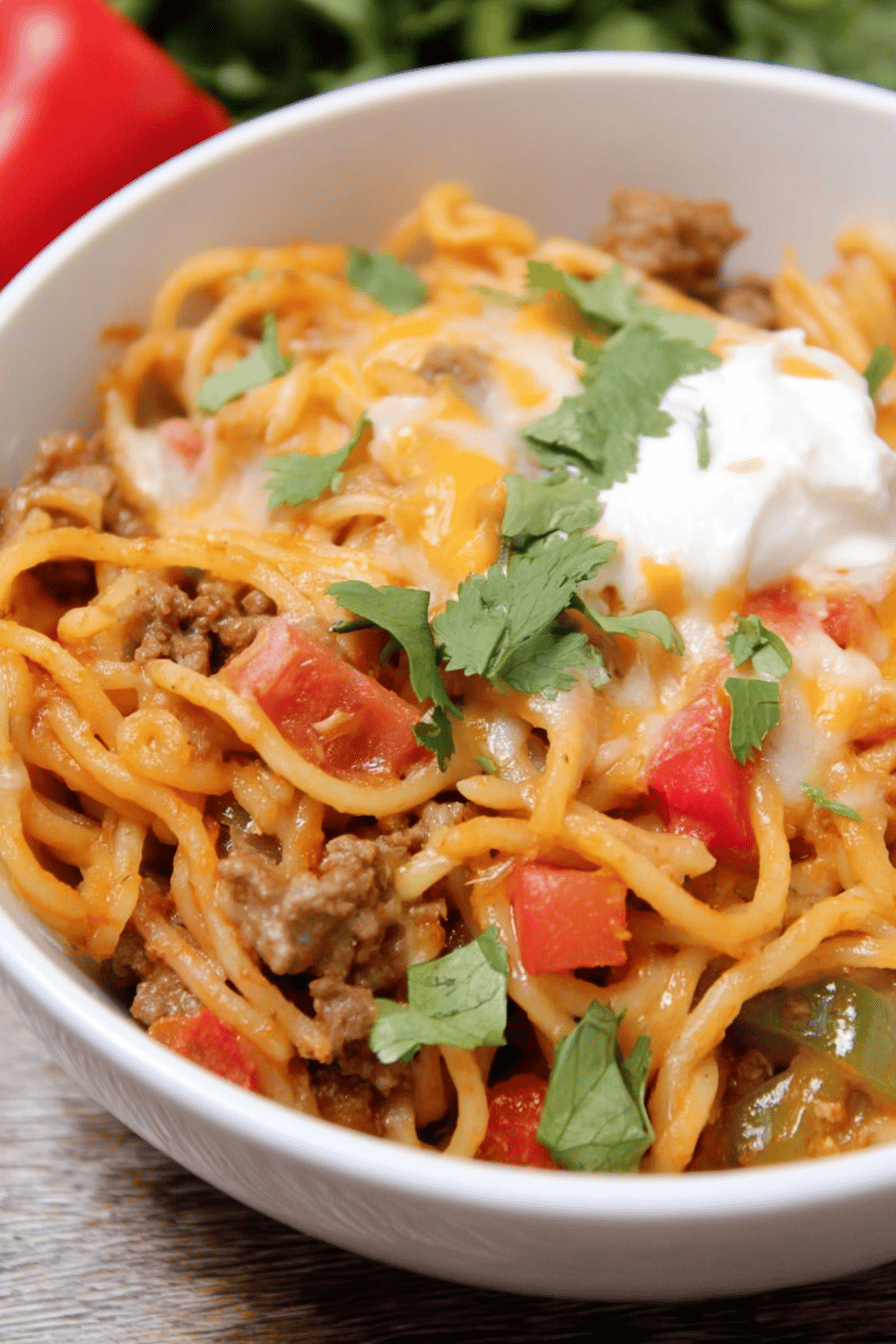 Cheesy Taco Spaghetti with Beef and Toppings