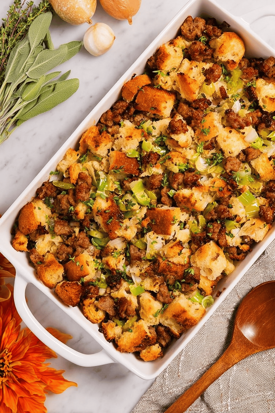 Herbed Sausage Stuffing with Crispy Golden Edges