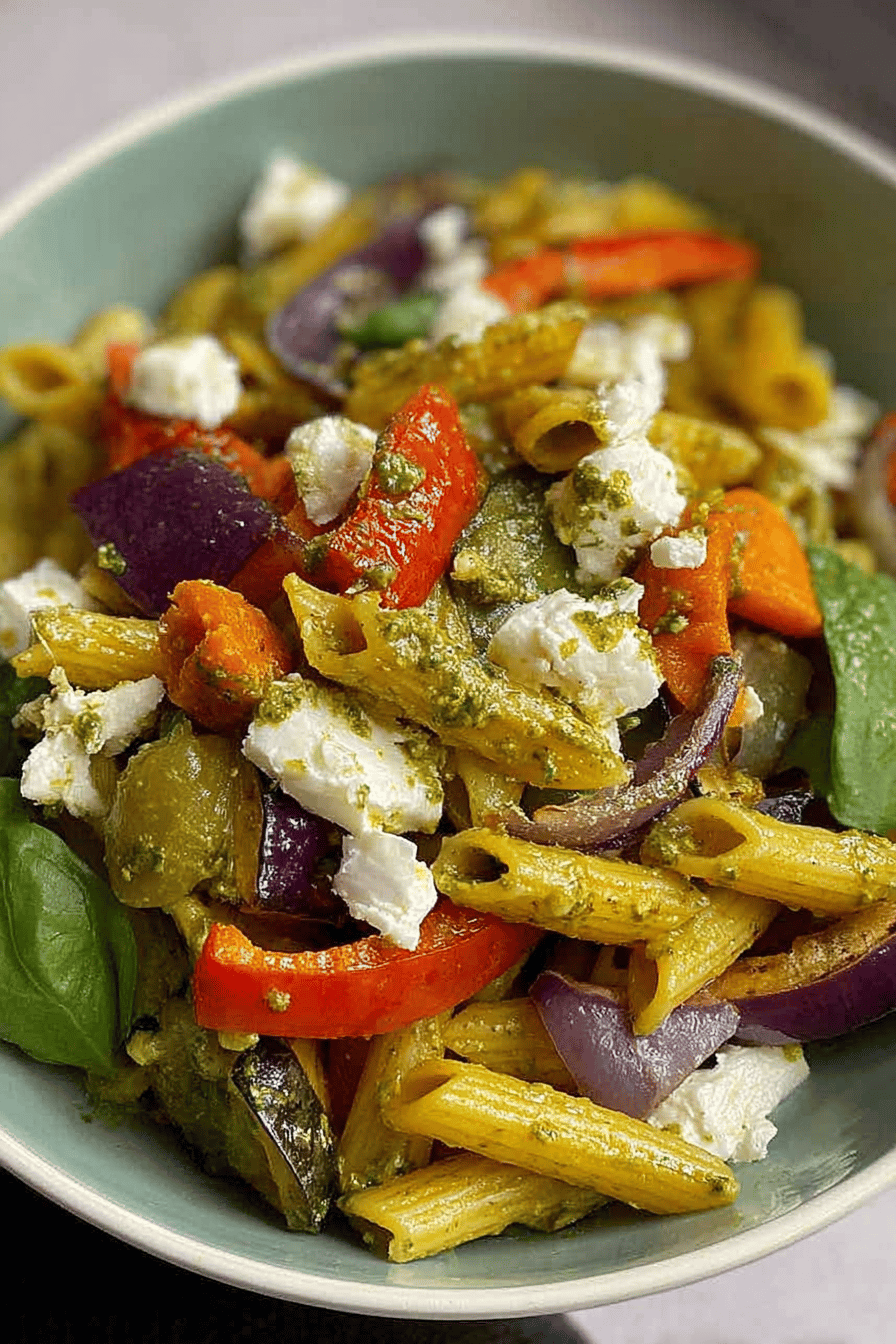 Roasted Veggie Pesto Penne with Feta