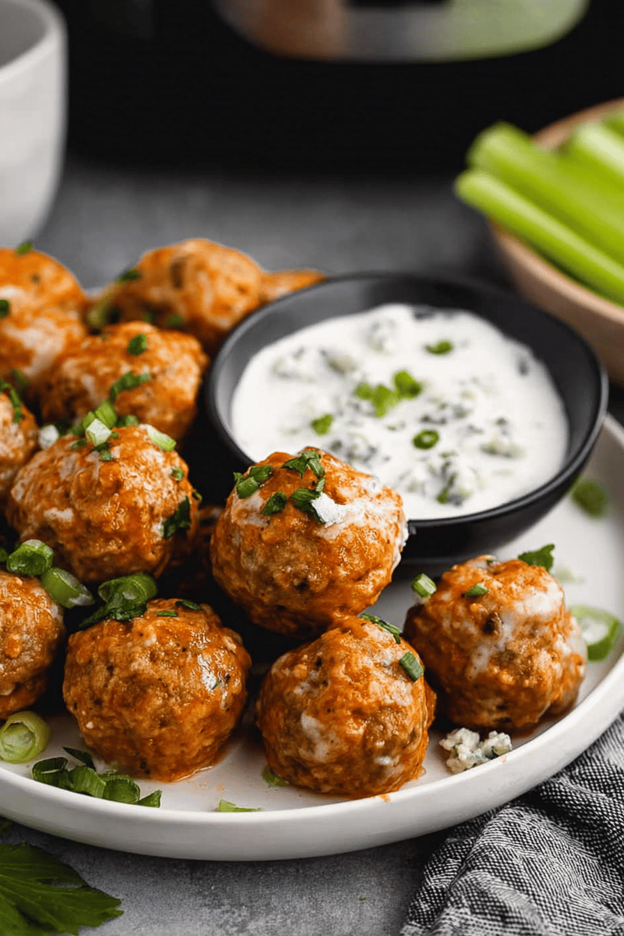 Spicy Buffalo Chicken Meatballs with Bleu Cheese Dip