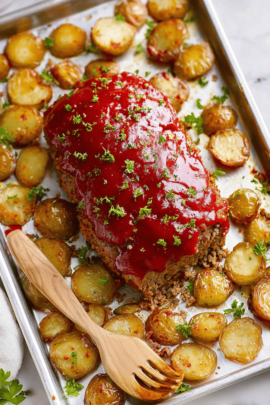 Sweet Glazed Sheet Pan Meatloaf with Crisp Potatoes