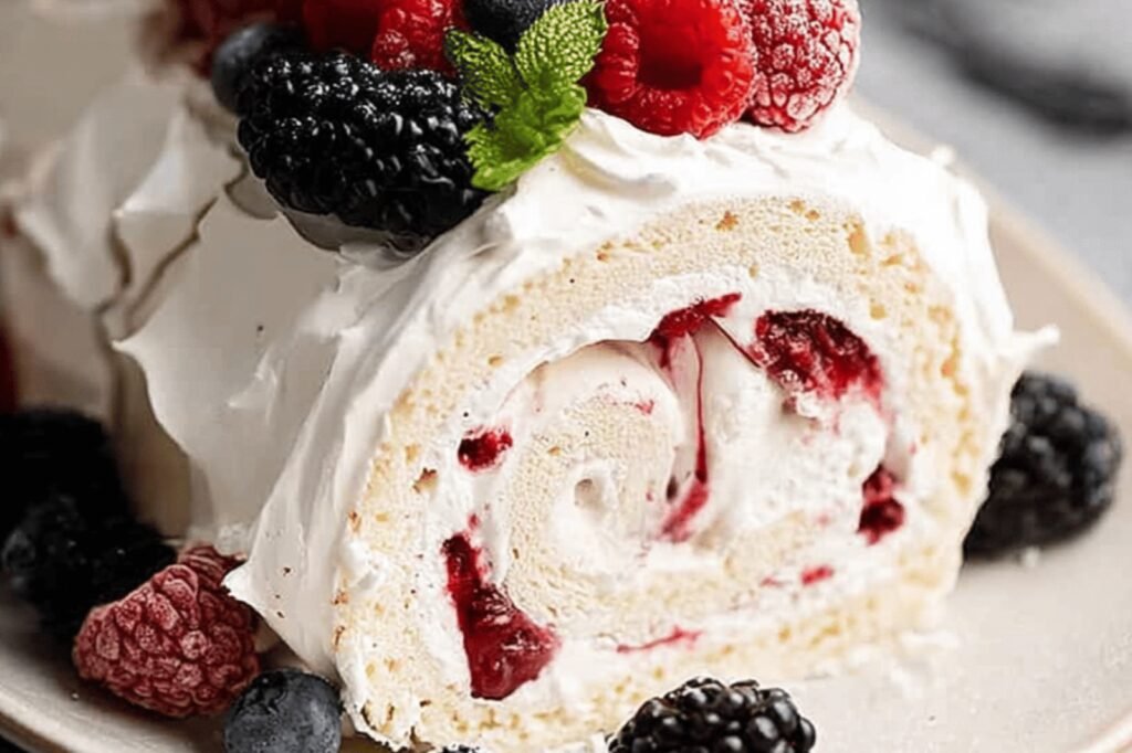 Berry Meringue Roulade with Crispy Marshmallow Center