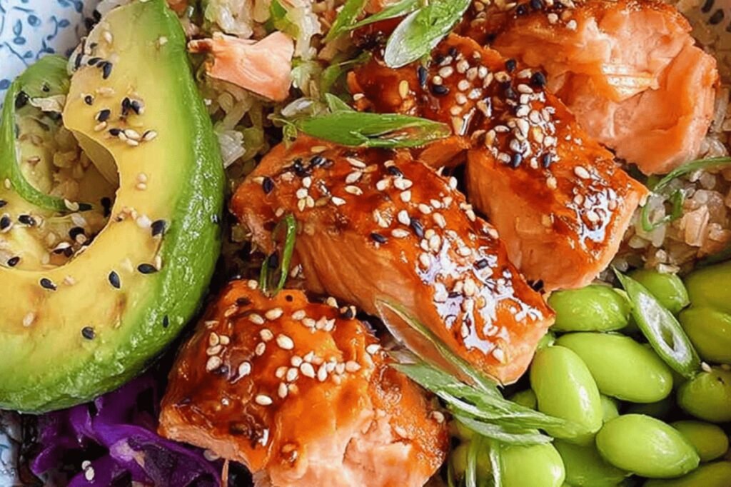 Grilled Honey Soy Salmon Veggie Rice Bowls