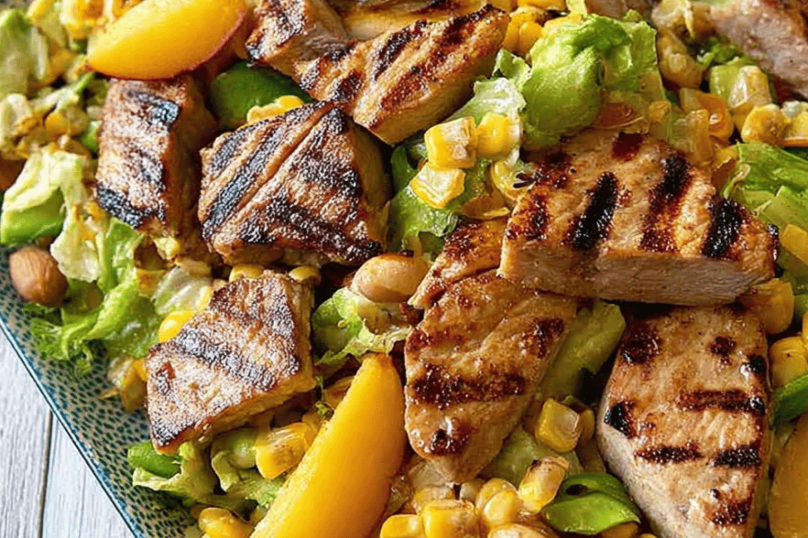 Grilled Pork Peach Corn Avocado Salad