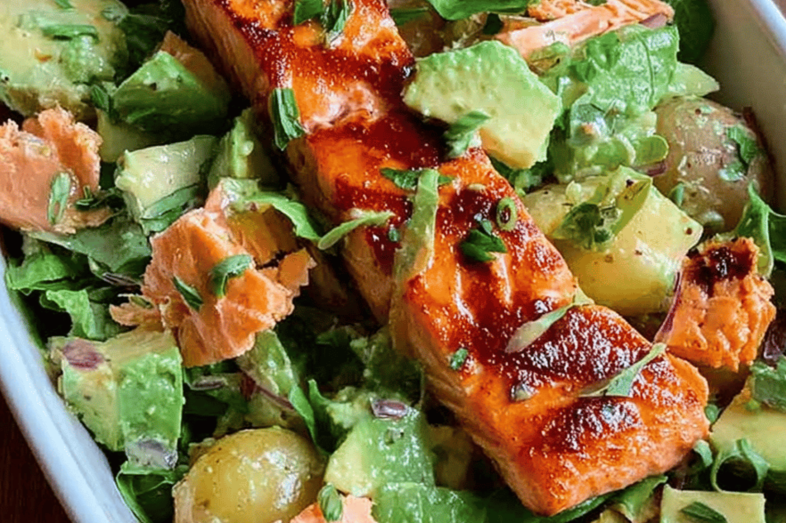 Grilled Salmon and Potato Salad with Fresh Greens