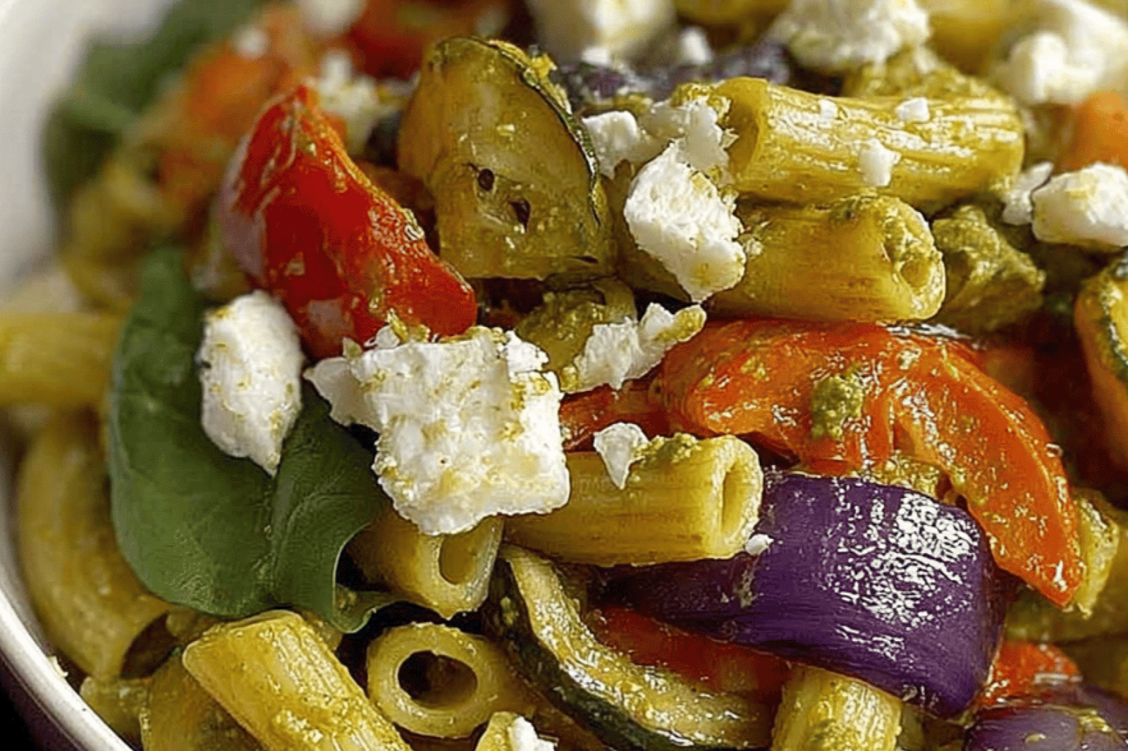 Roasted Veggie Pesto Penne with Feta