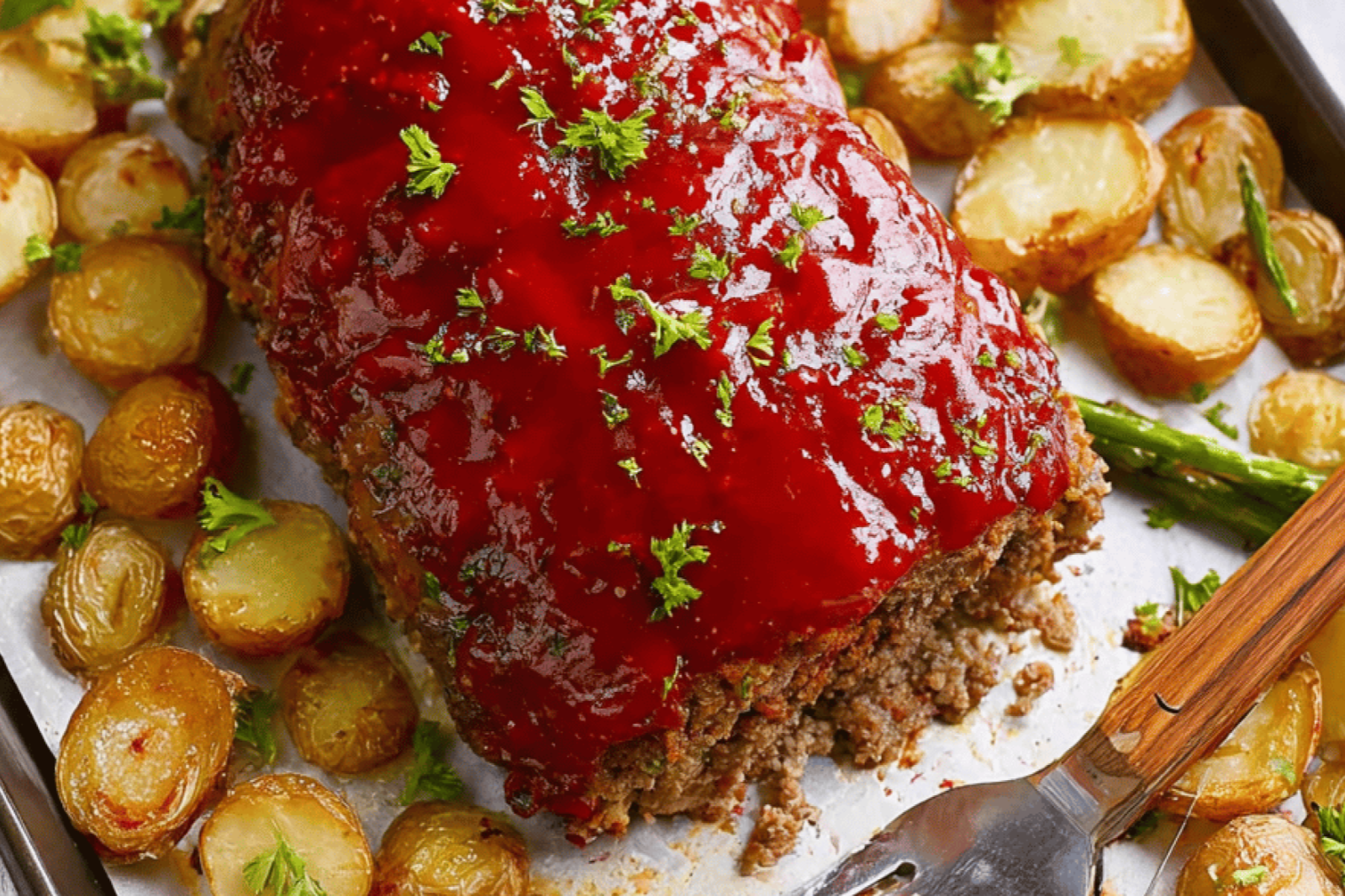 Sweet Glazed Sheet Pan Meatloaf with Crisp Potatoes