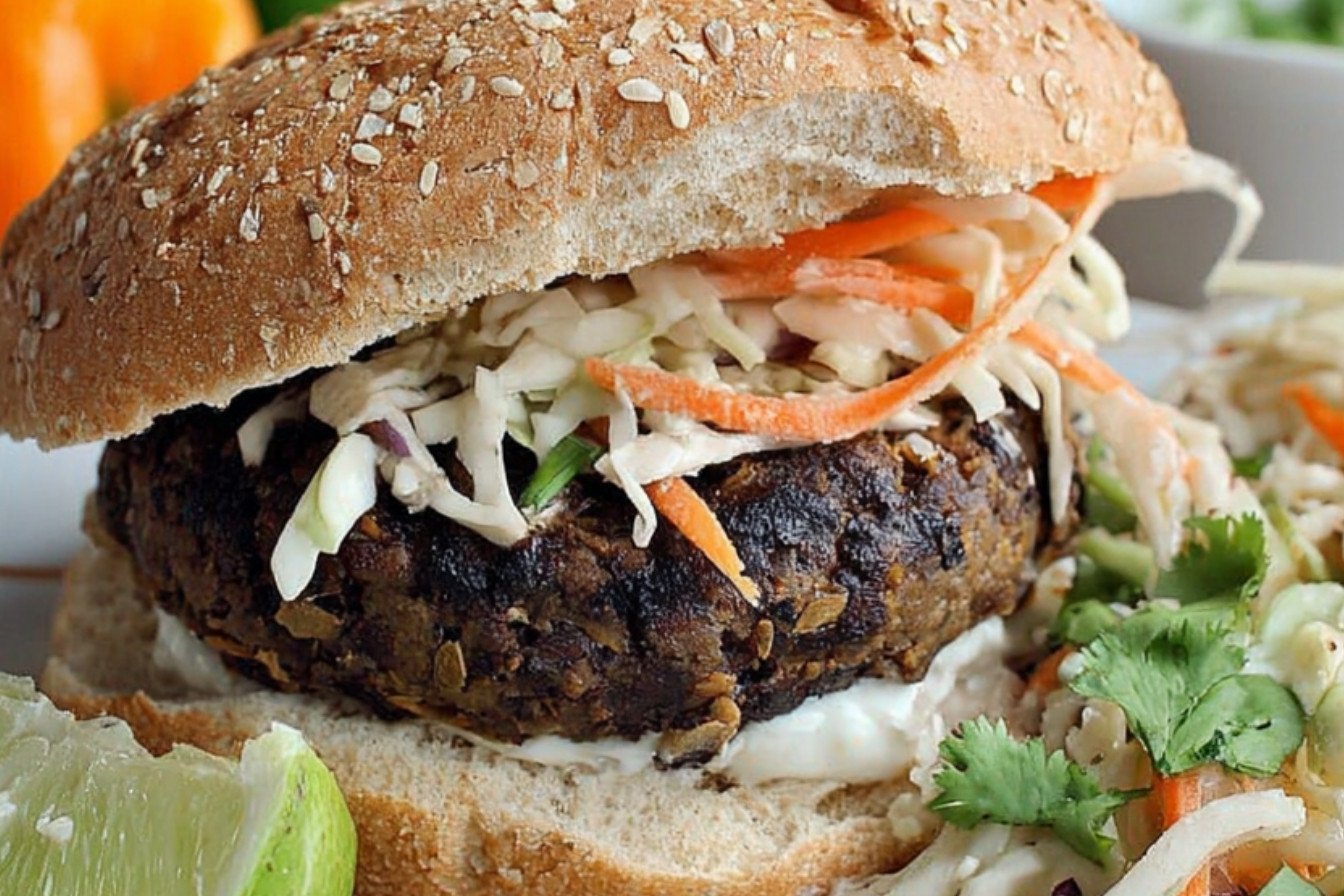 Black Bean Burger with Cilantro Lime Slaw