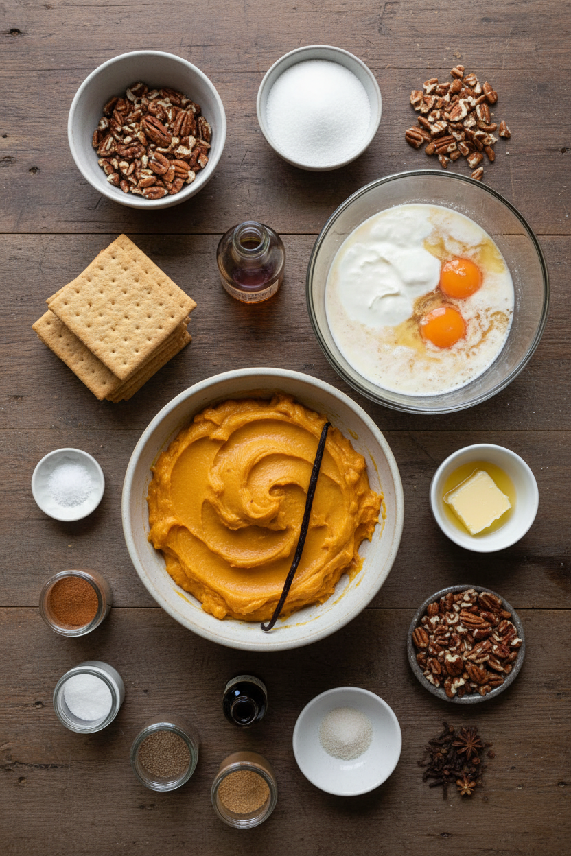 Bourbon Pumpkin Cheesecake with Pecan Graham Crust