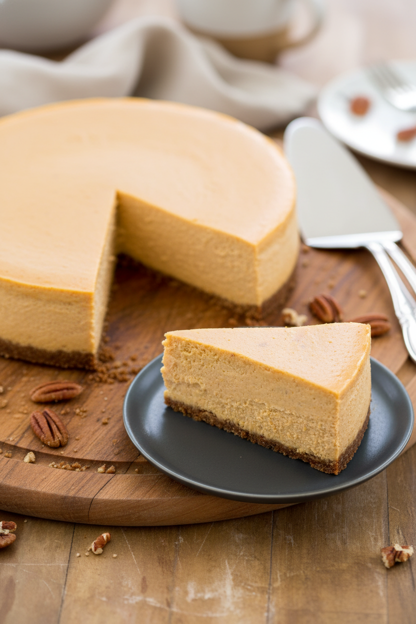 Bourbon Pumpkin Cheesecake with Pecan Graham Crust