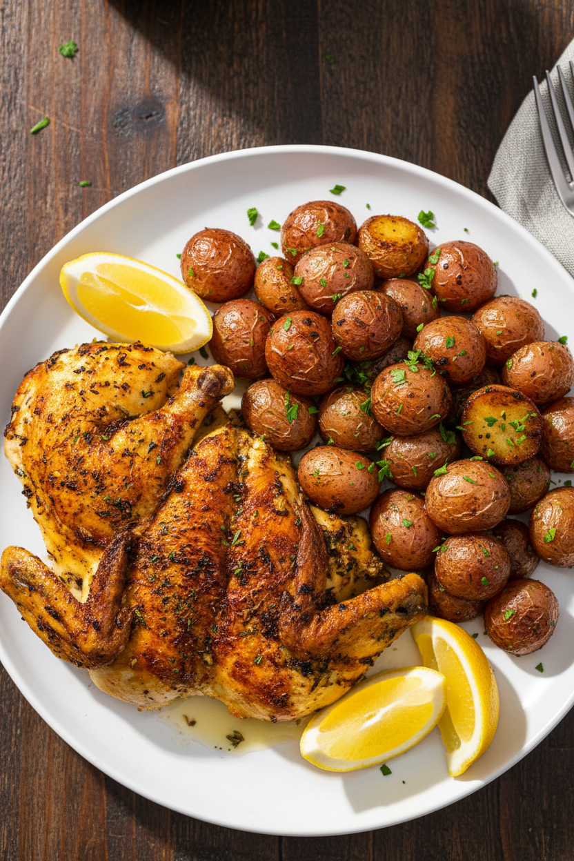 Brick Pressed Chicken with Crispy Herb Potatoes