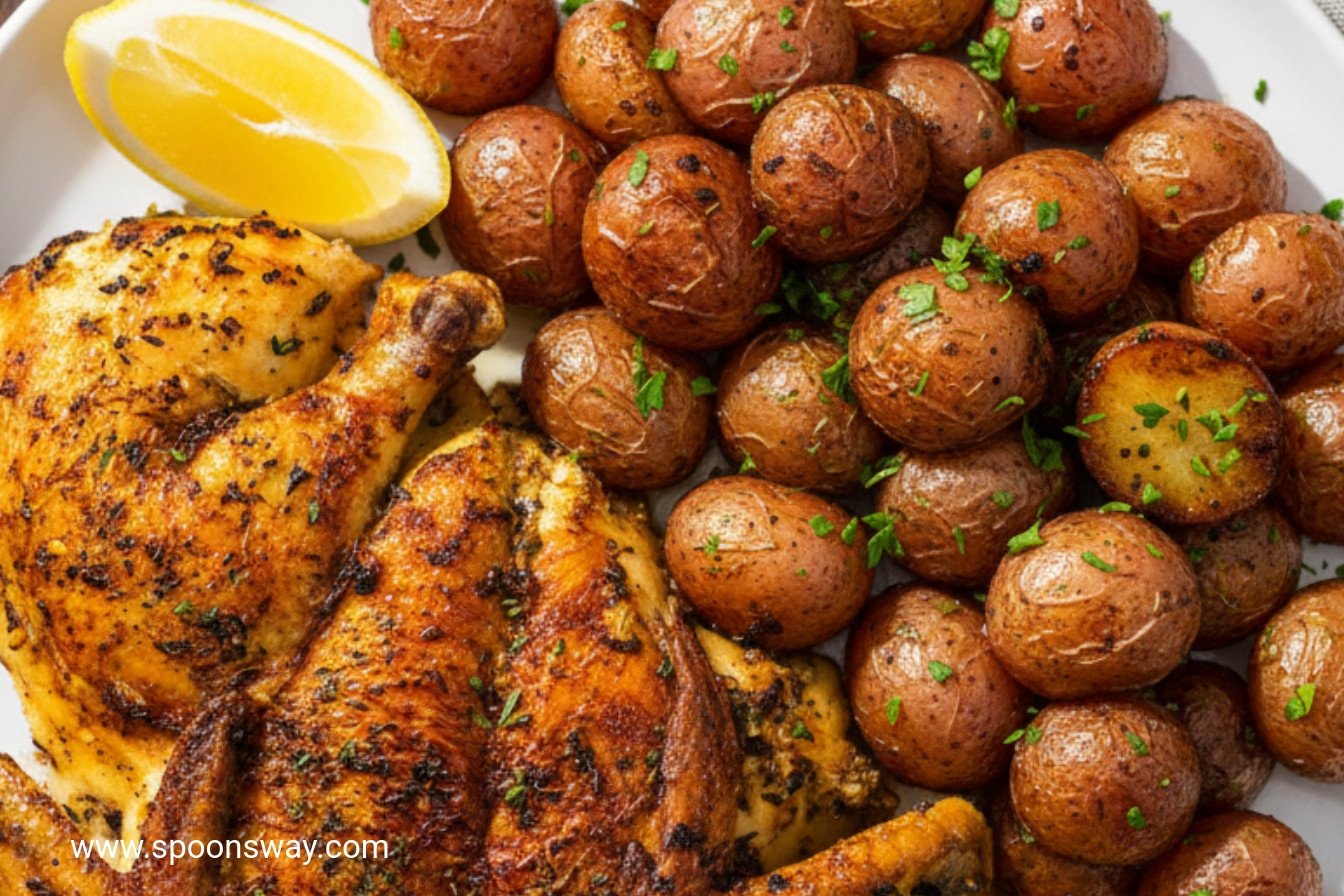 Brick Pressed Chicken with Crispy Herb Potatoes