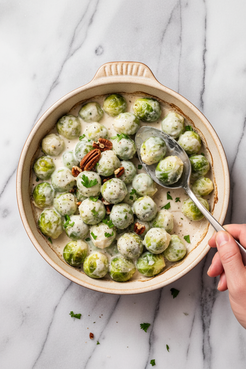 Creamy Nutmeg Braised Brussels Sprouts