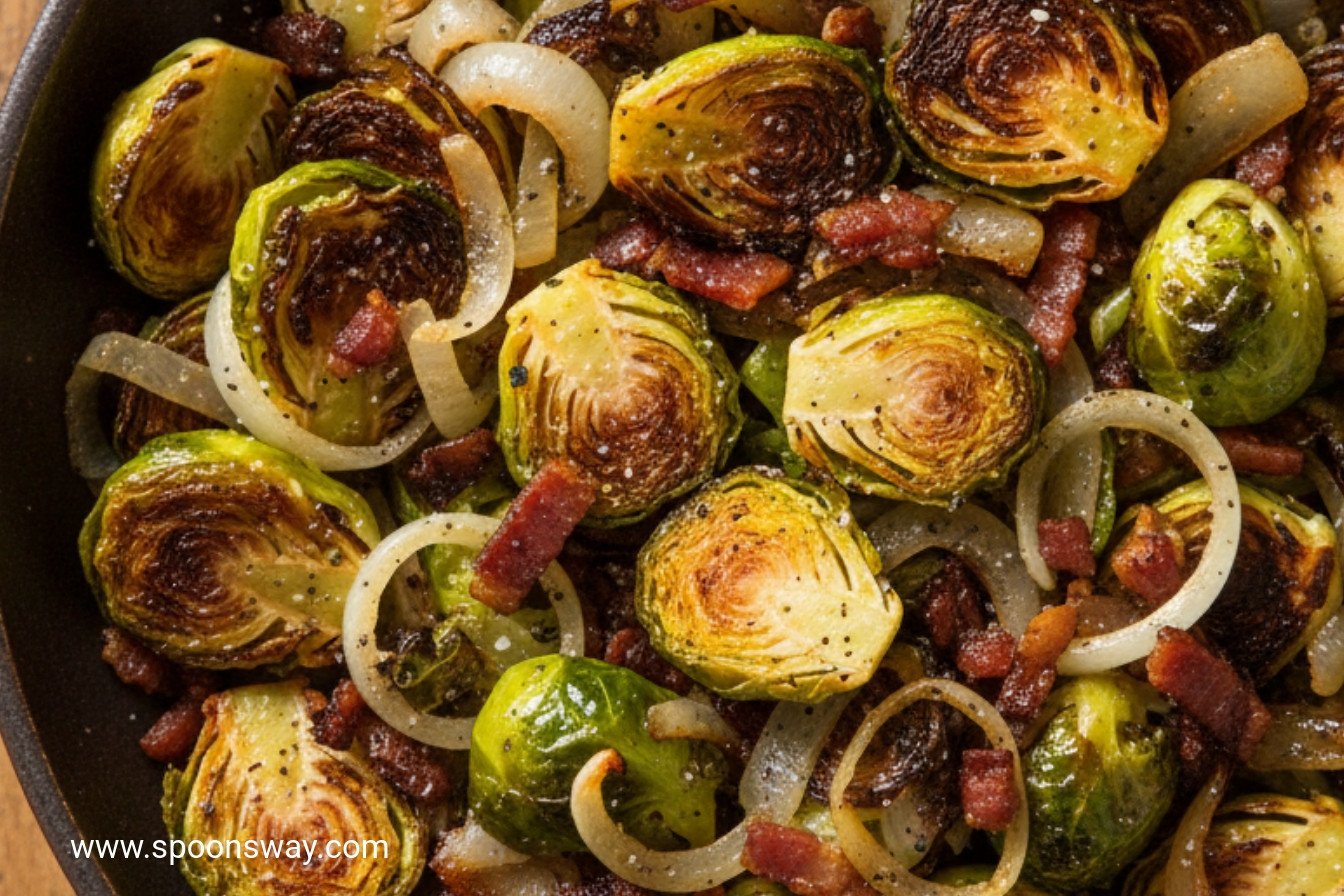 Crispy Bacon Brussels Sprouts with Onions