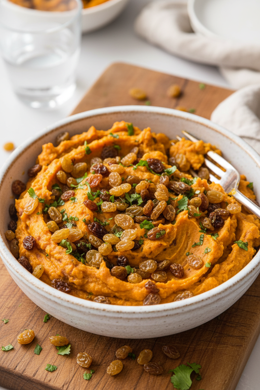 Curried Sweet Potato Mash with Golden Raisins