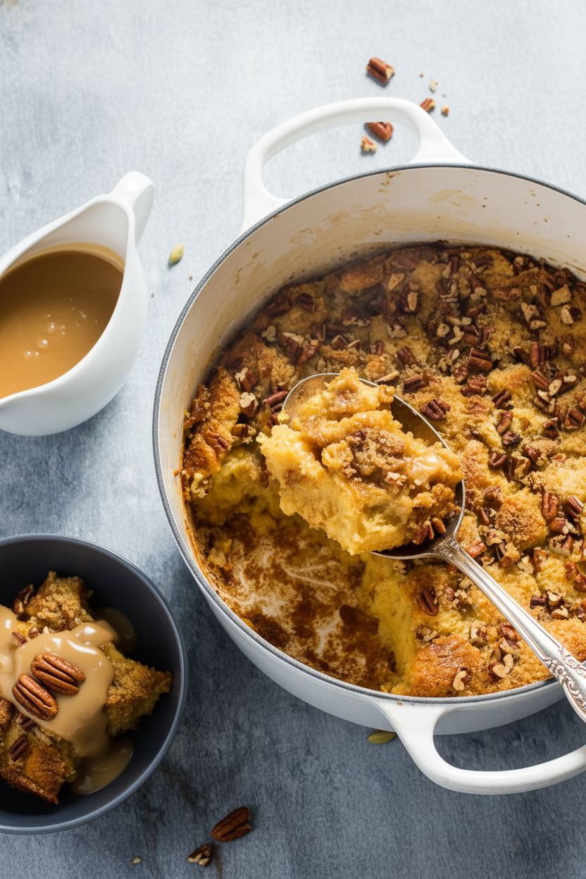 Dutch Oven Bourbon Pecan Bread Pudding