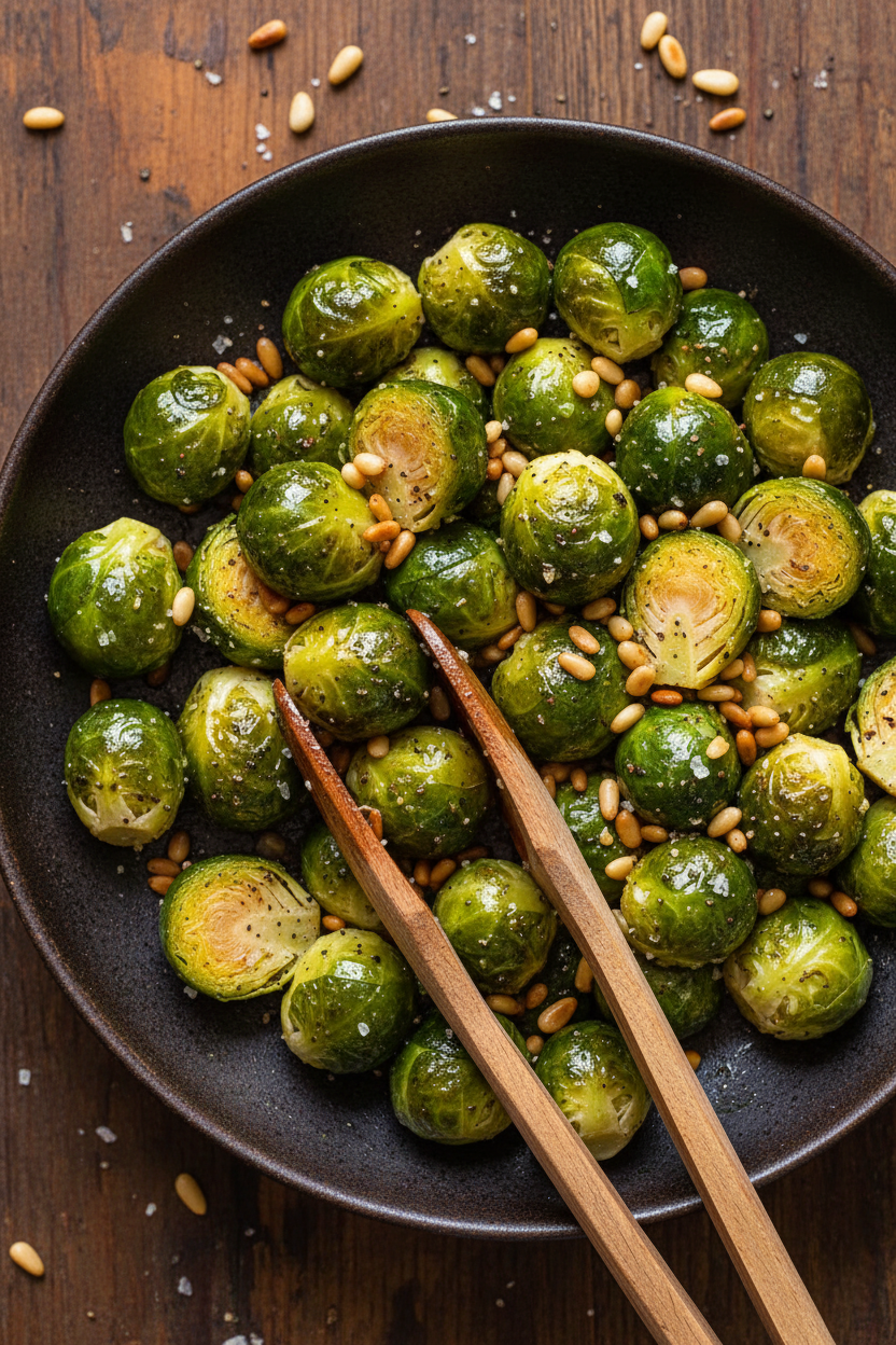 Garlicky Brussels Sprouts with Toasted Pine Nuts