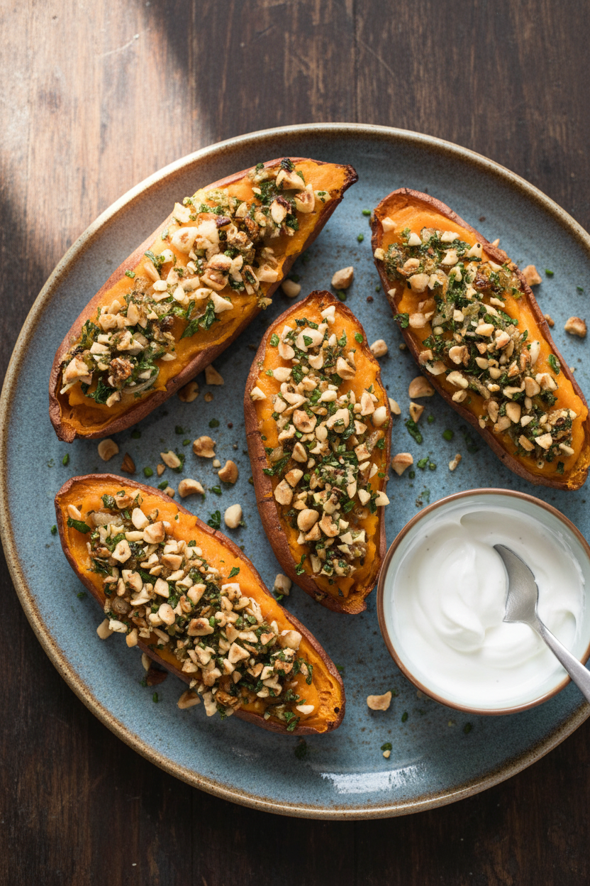 Hazelnut and Shallot Stuffed Sweet Potatoes