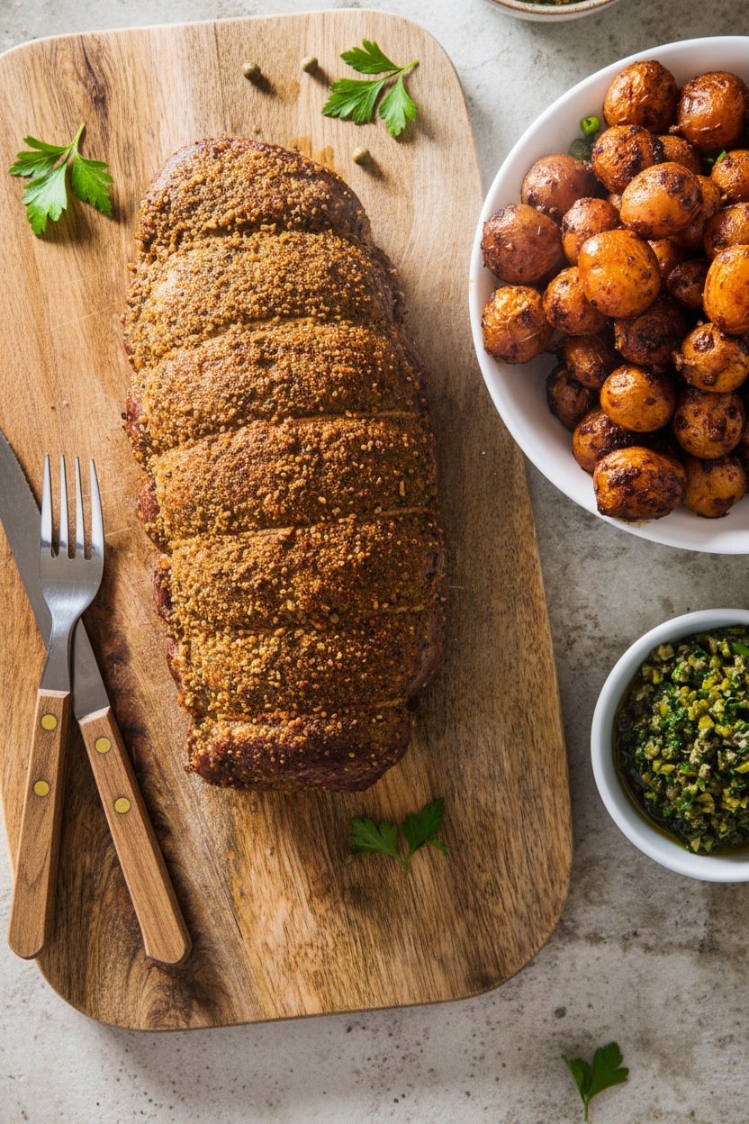 Herb Crusted Beef Tenderloin with Smashed Potatoes