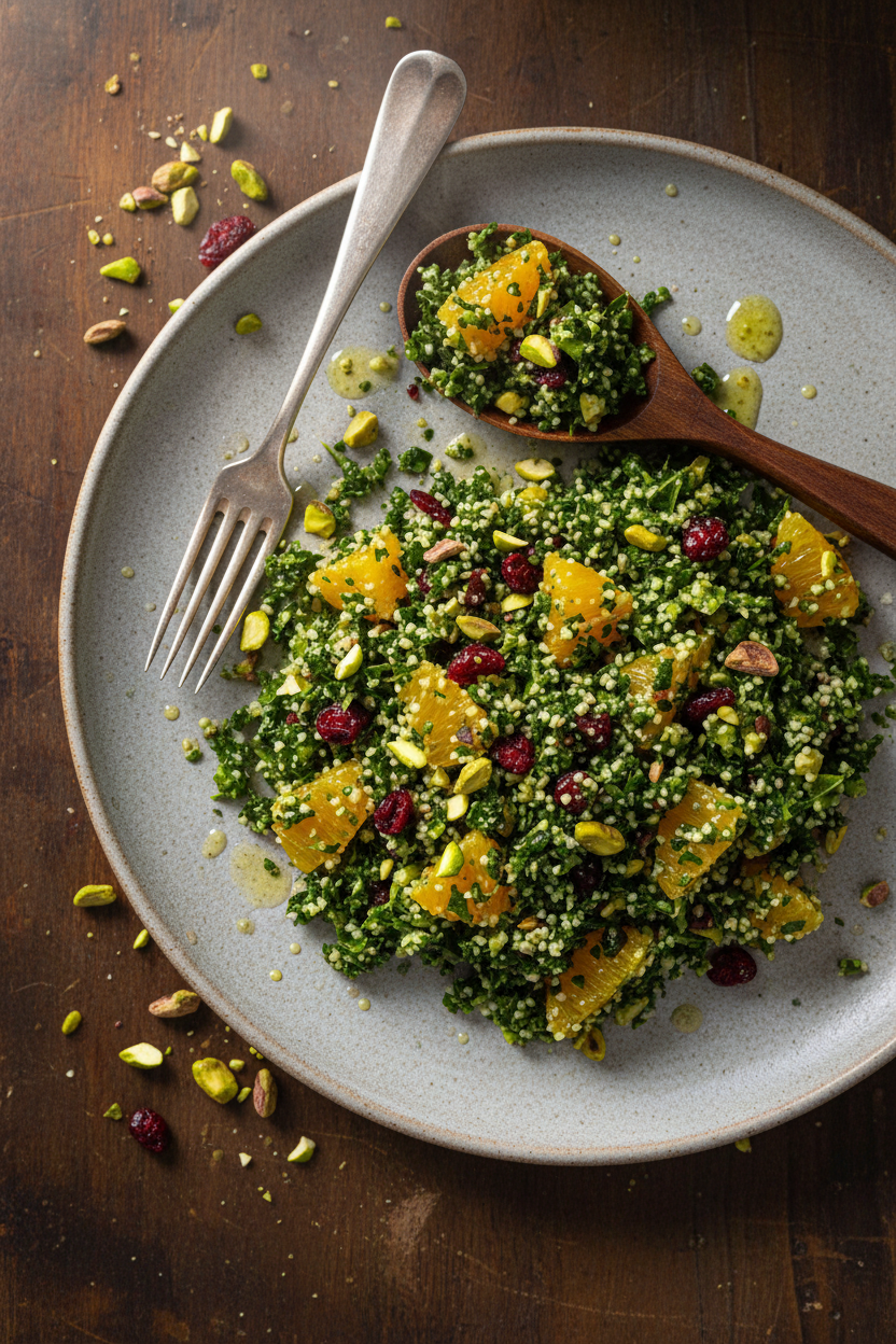 Kale Salad with Cranberries Pistachios and Tabbouleh Flavors