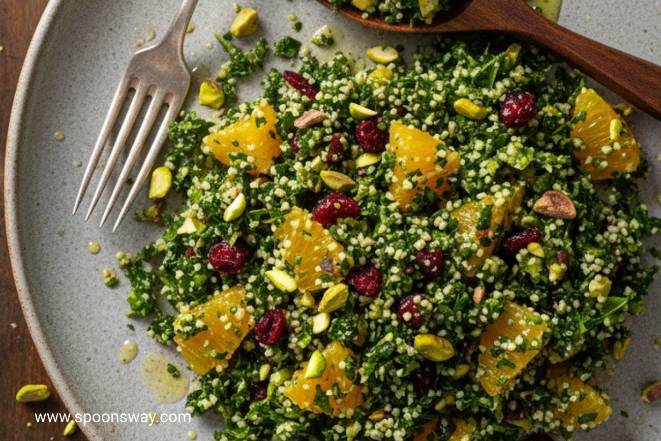 Kale Salad with Cranberries Pistachios and Tabbouleh Flavors